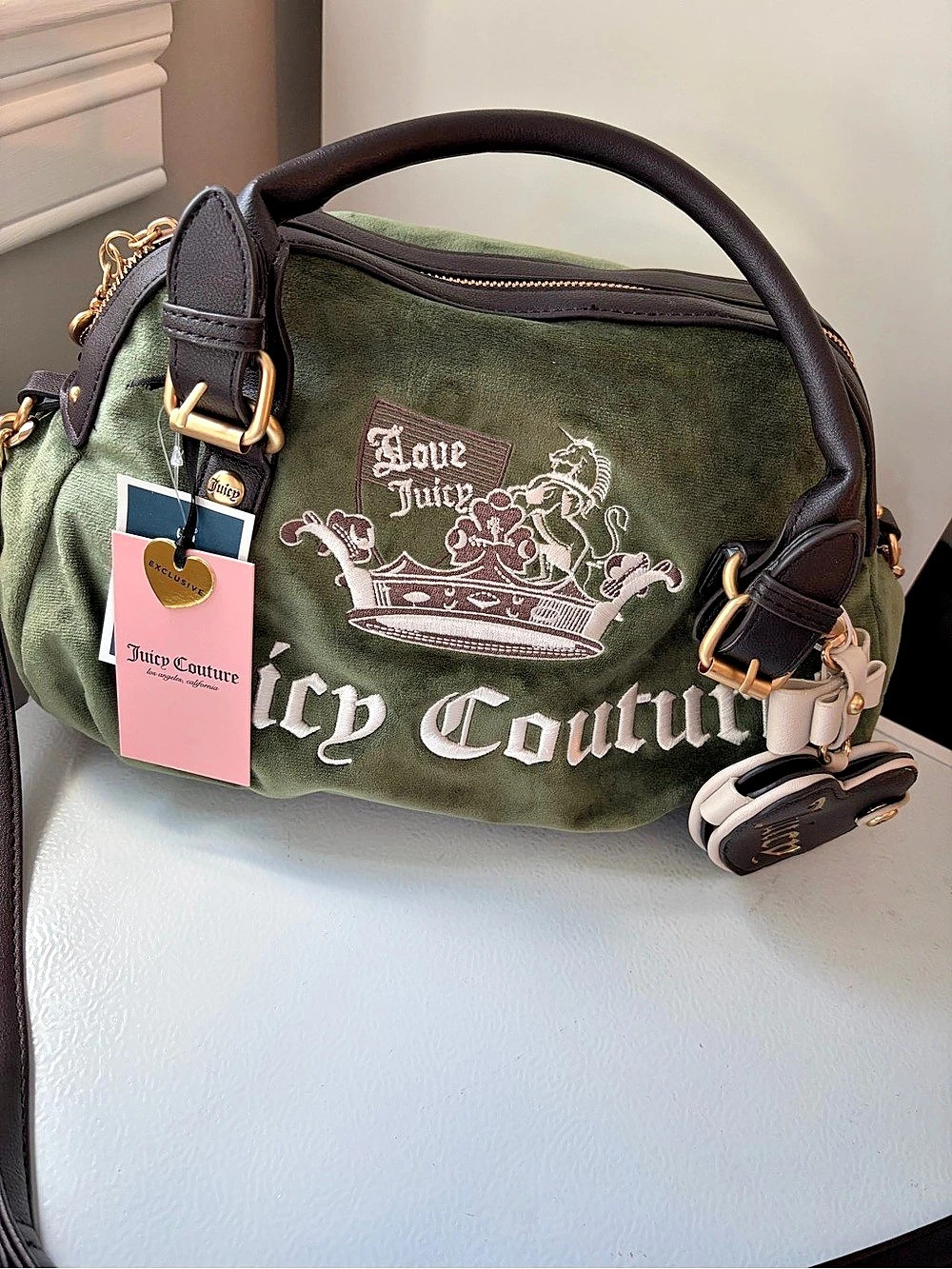 Juicy Couture Velour Crown Heart Bowler Bag Green & Brown NWT